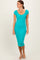 woman wearing a turquoise ribbed midi dress with short sleeves and button detail, styled with white strappy sandals