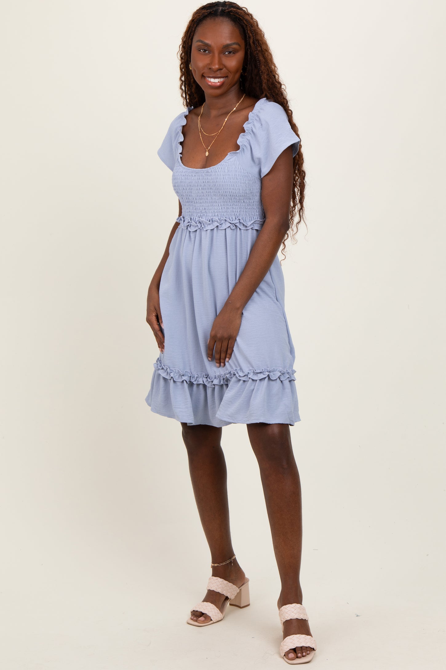 Blue Smocked Ruffle Detail Mini Dress
