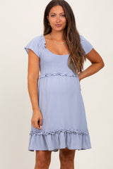Blue Smocked Ruffle Detail Maternity Mini Dress