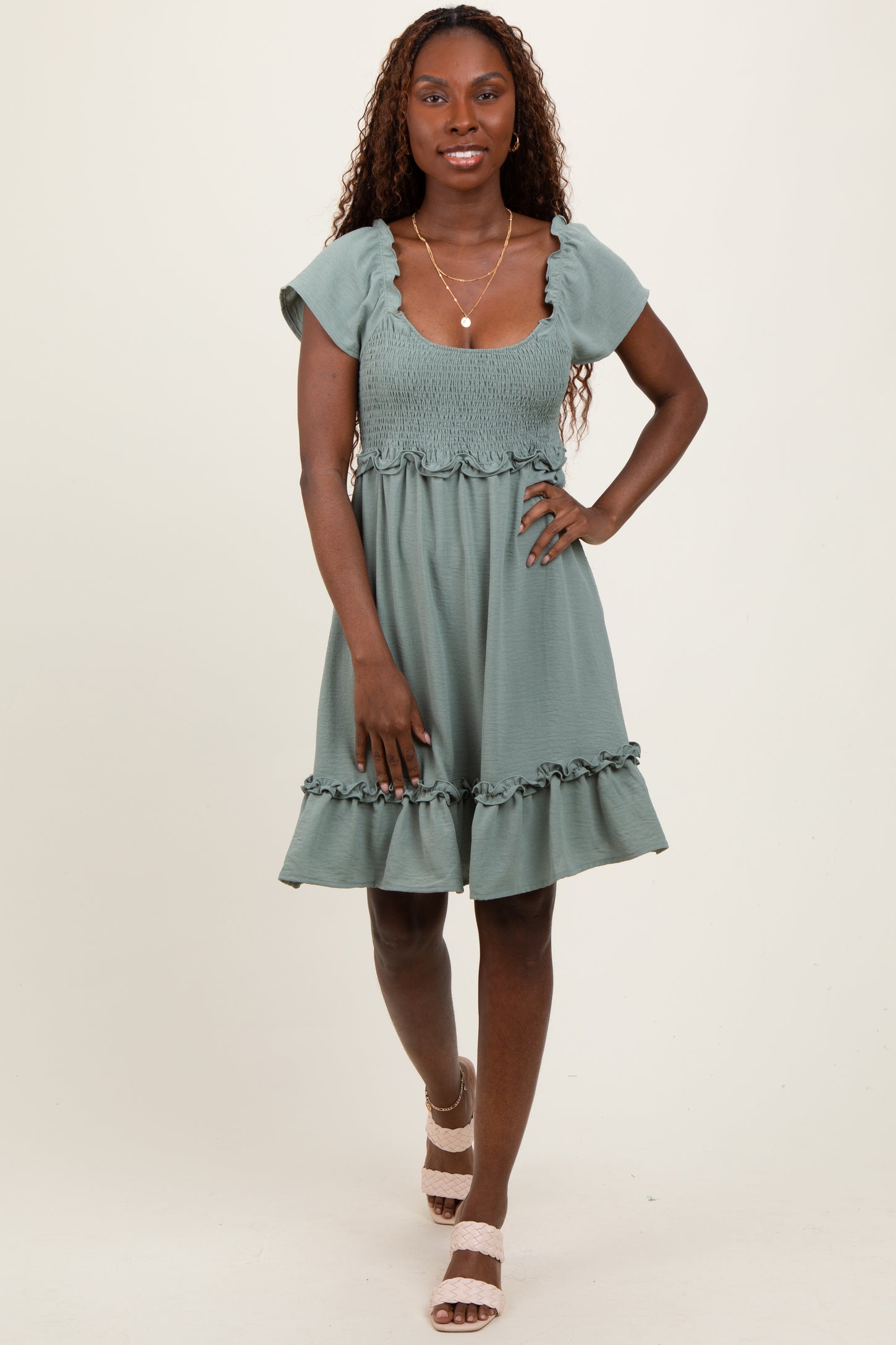 Light Olive Smocked Ruffle Detail Mini Dress