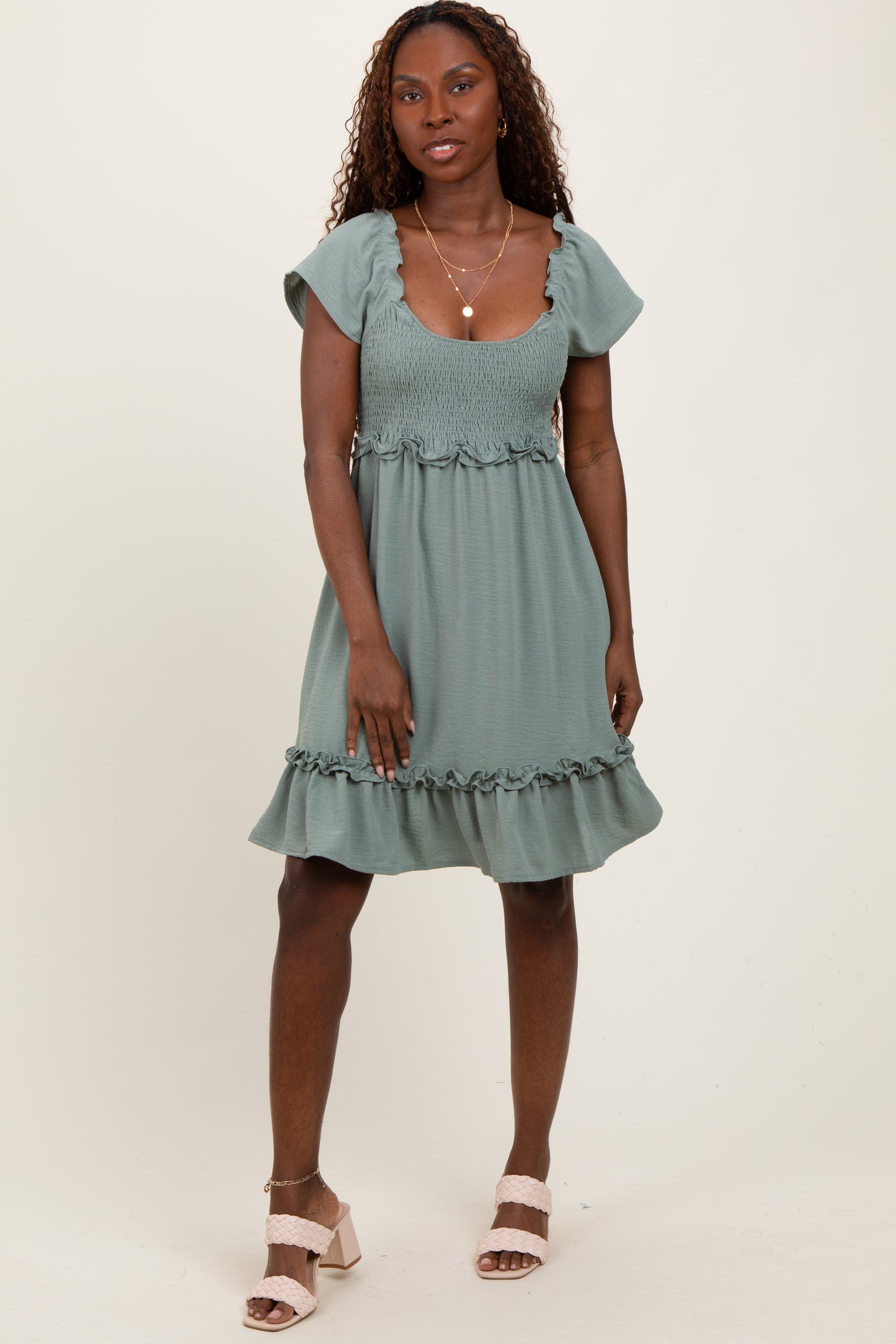 Light Olive Smocked Ruffle Detail Mini Dress