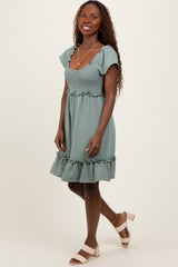 Light Olive Smocked Ruffle Detail Mini Dress