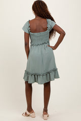 Light Olive Smocked Ruffle Detail Mini Dress