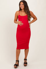 Red Button Detail Thin Strap Fitted Maternity Midi Dress