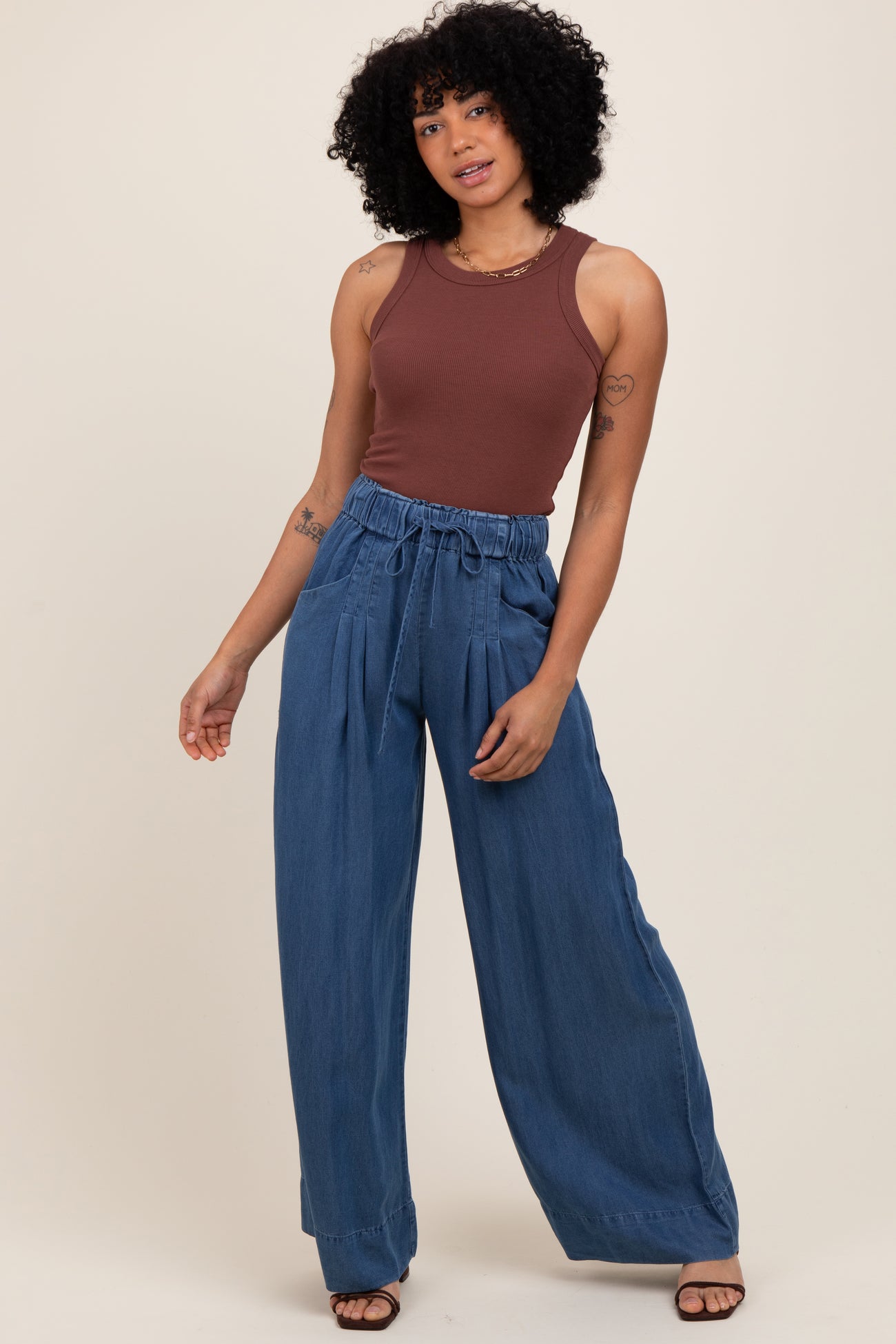 Navy Chambray Drawstring Wide Leg Maternity Pants