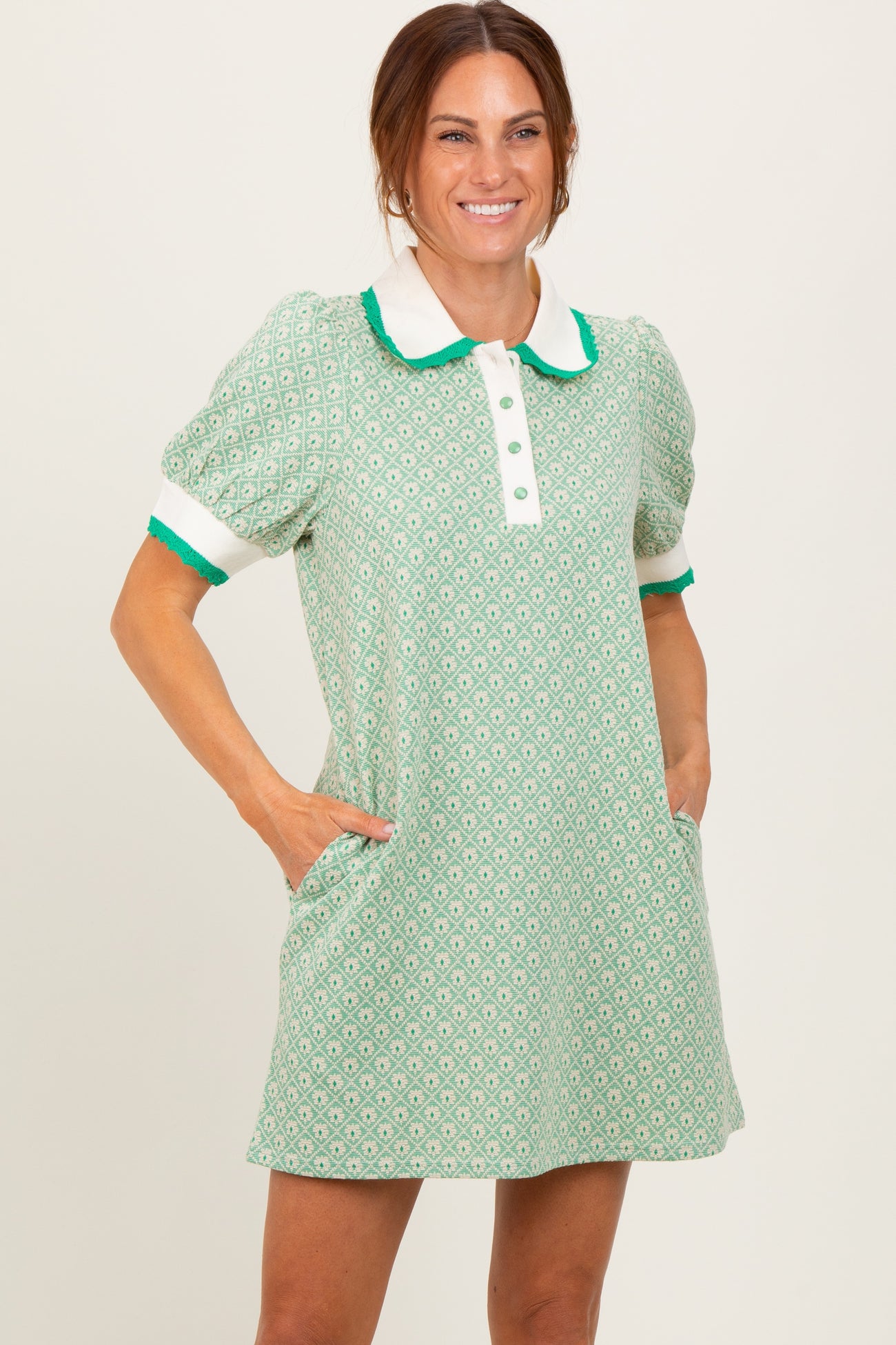 Green Diamond Print Crochet Trim Polo Dress