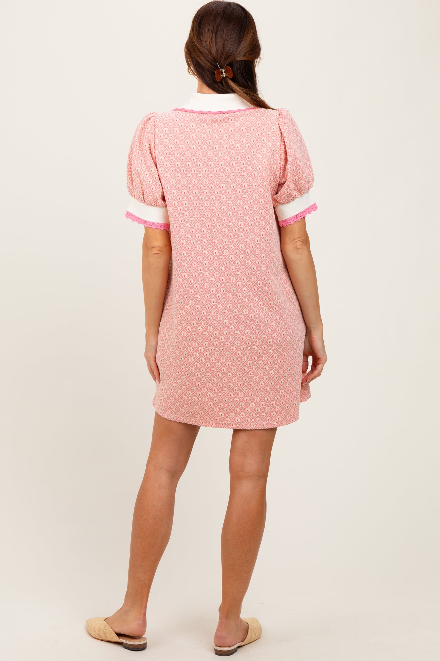 Pink Diamond Print Crochet Trim Polo Dress
