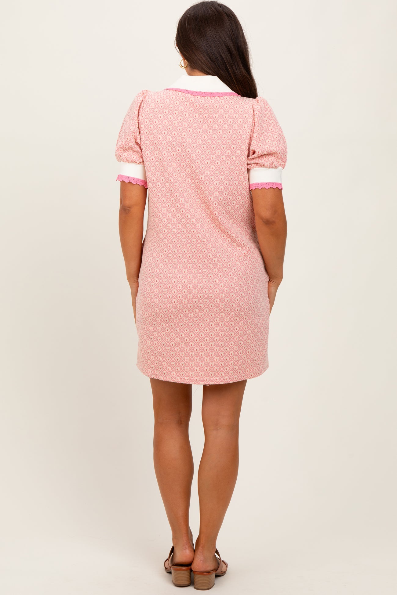 Pink Diamond Print Crochet Trim Maternity Polo Dress
