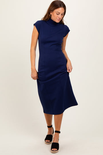 Navy Mock Neck Short Sleeve Midi Dress
