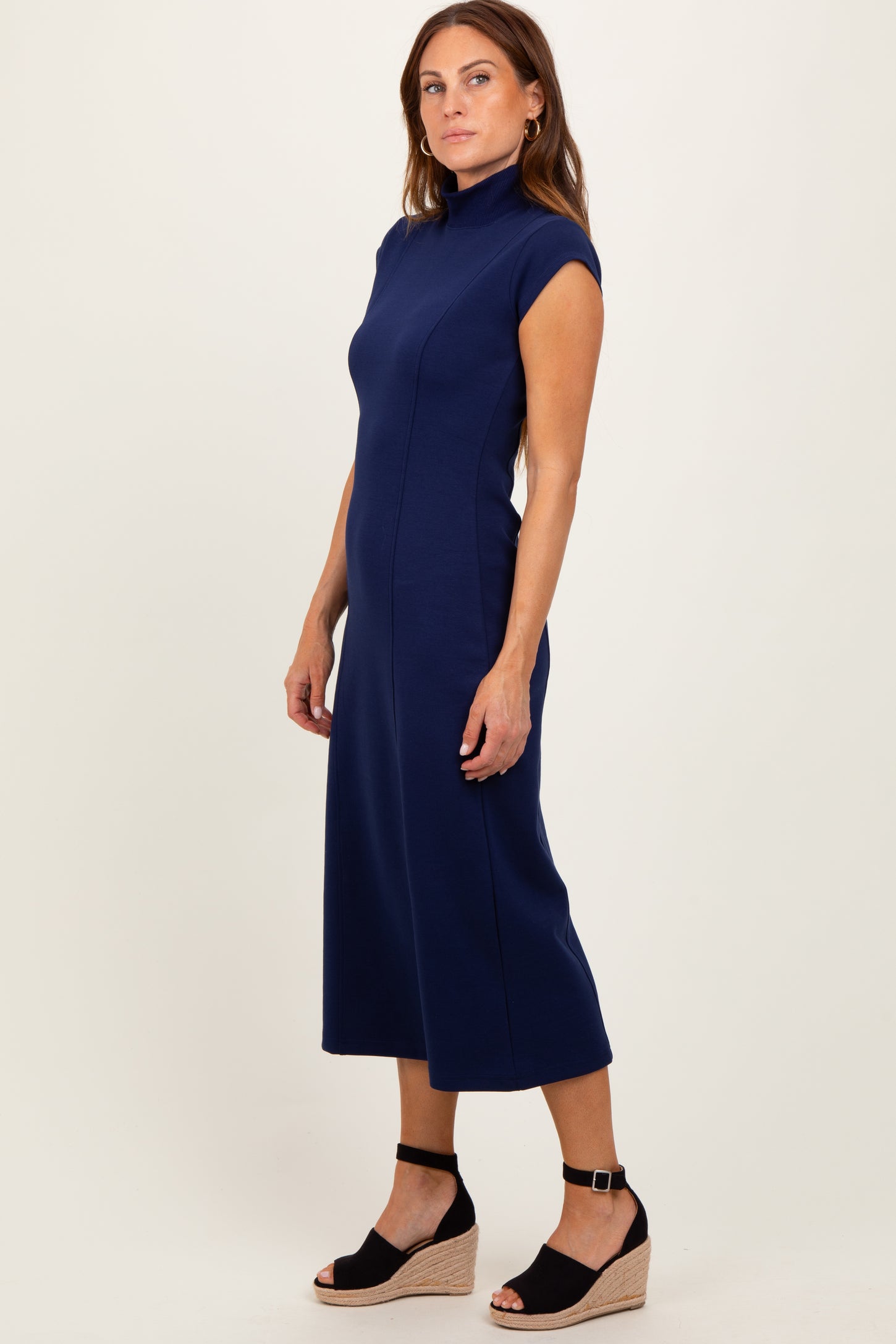 Navy Mock Neck Short Sleeve Midi Dress