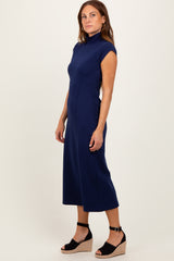 Navy Mock Neck Short Sleeve Midi Dress