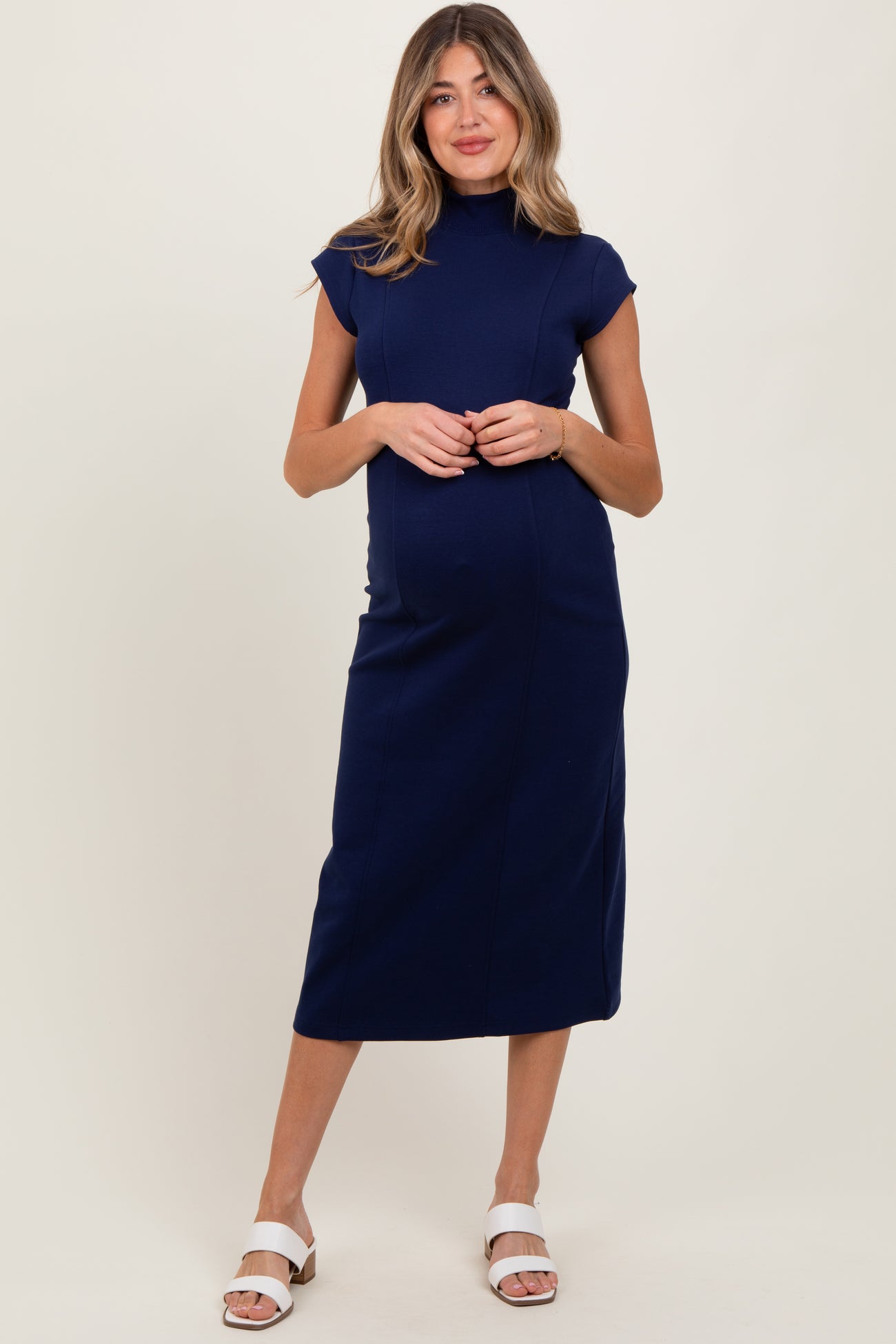 Navy Mock Neck Short Sleeve Maternity Midi Dress