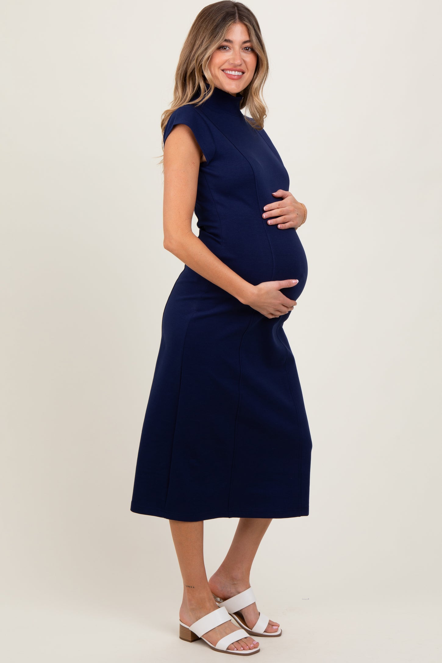 Navy Mock Neck Short Sleeve Maternity Midi Dress