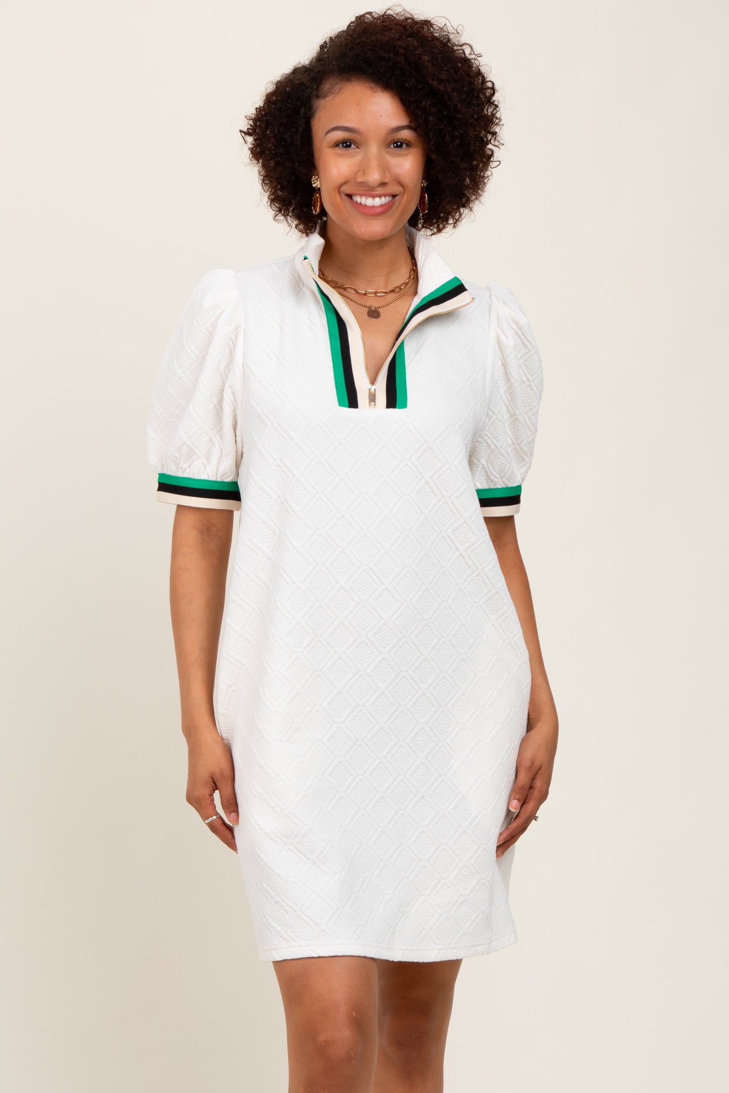 Ivory Jacquard Zipper Collar Maternity Mini Dress