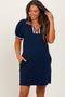 Navy Jacquard Zipper Collar Maternity Mini Dress