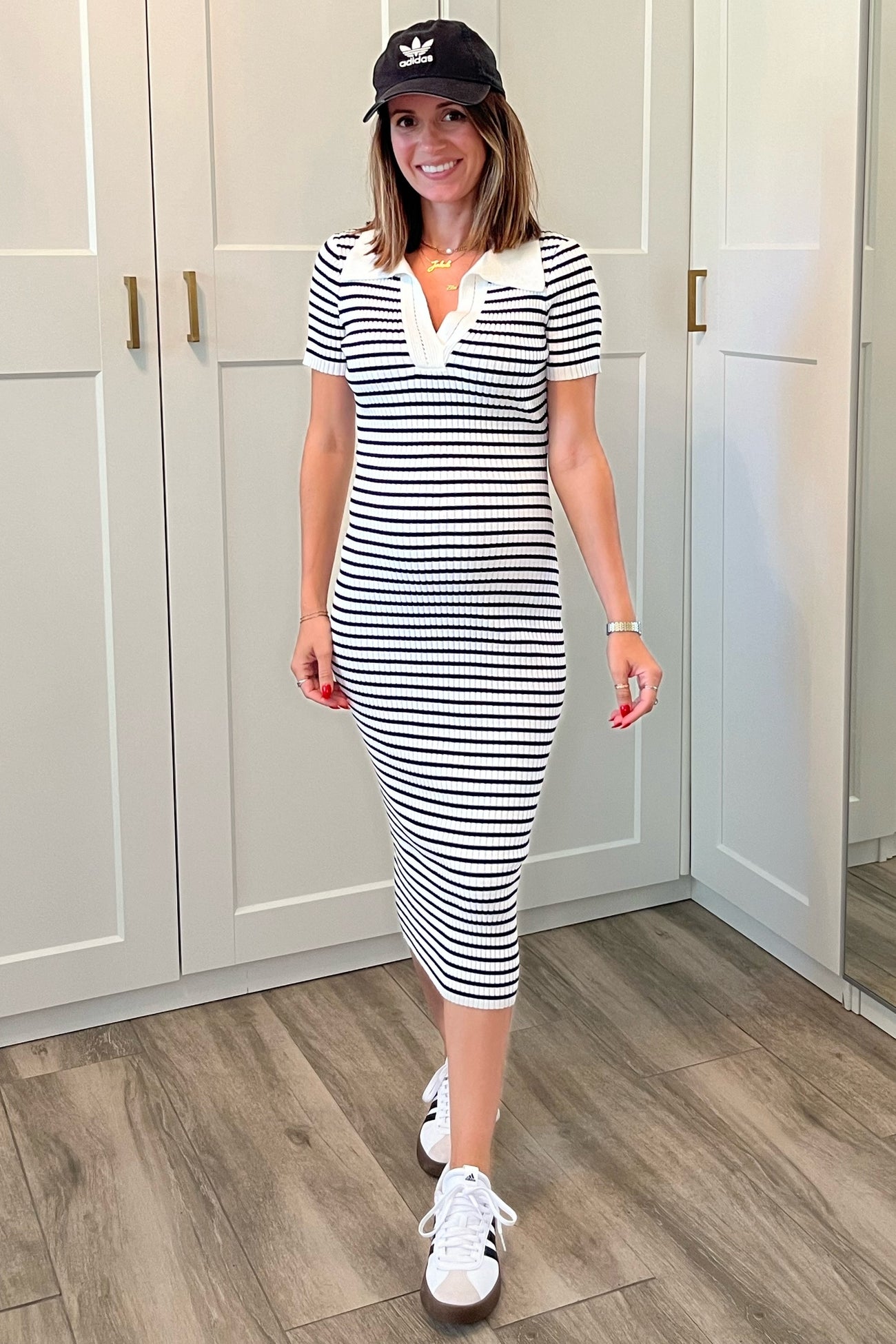 Ivory Striped Knit Collared Maternity Midi Dress
