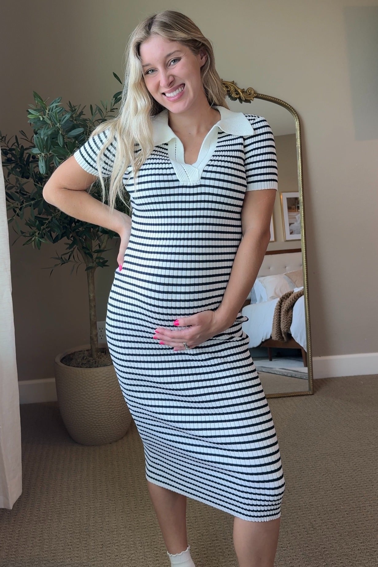 Ivory Striped Knit Collared Maternity Midi Dress
