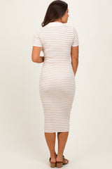 Beige Striped Knit Collared Maternity Midi Dress