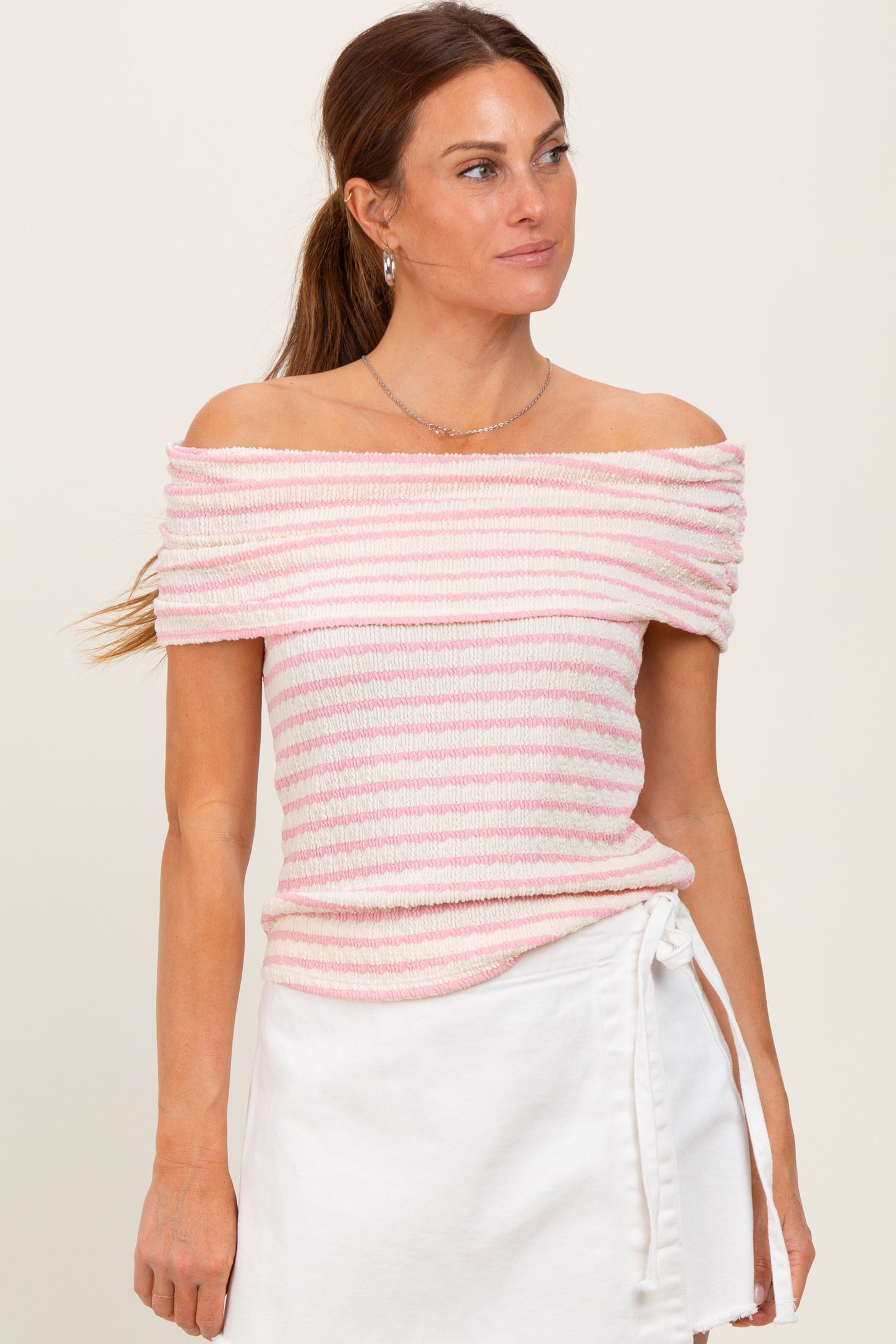 Light Pink Off The Shoulder Striped Top