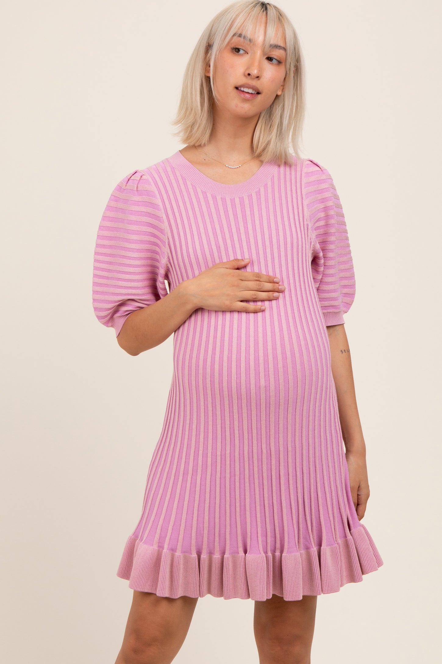 Pink Ribbed Knit Puff Sleeve Ruffle Hem Maternity Mini Dress