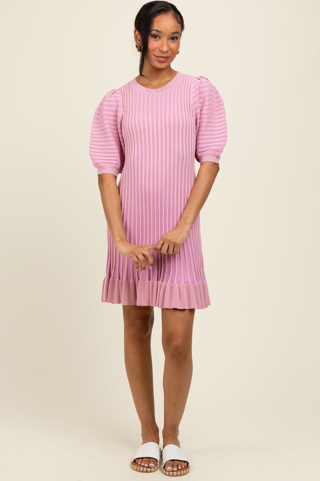 Pink Ribbed Knit Puff Sleeve Ruffle Hem Mini Dress