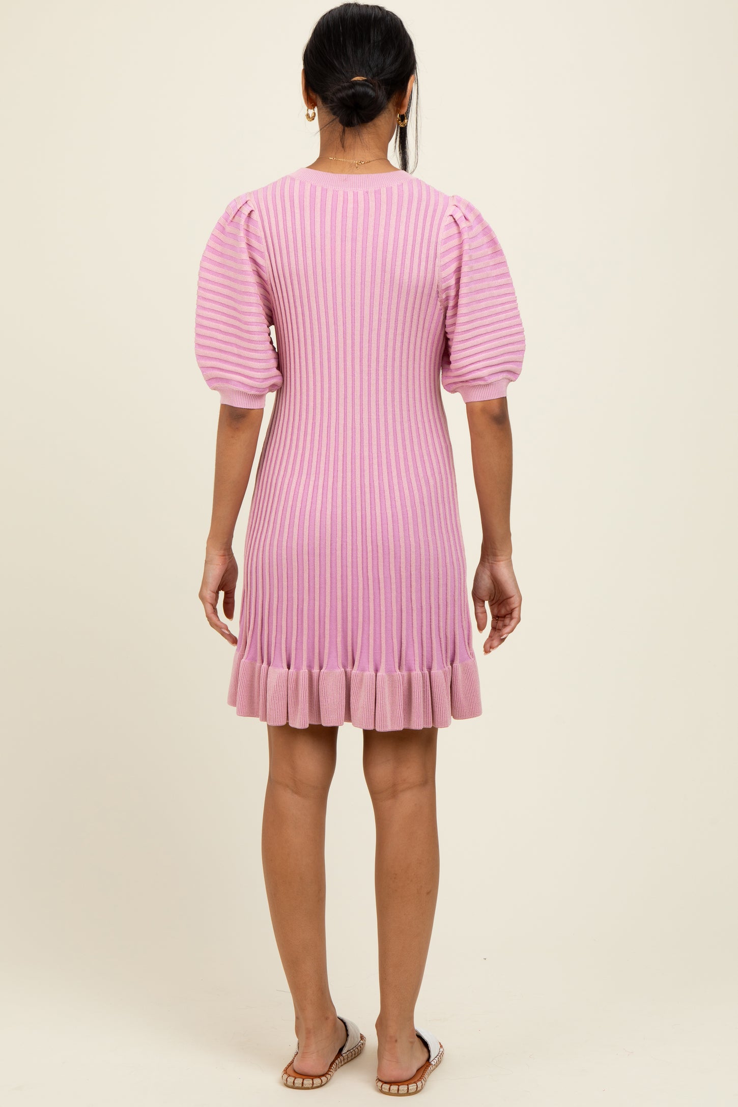 Pink Ribbed Knit Puff Sleeve Ruffle Hem Mini Dress