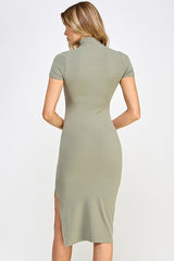 Light Olive Mock Neck Short Sleeve Dress
