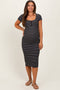 Black Striped Button Square Neck Maternity Dress