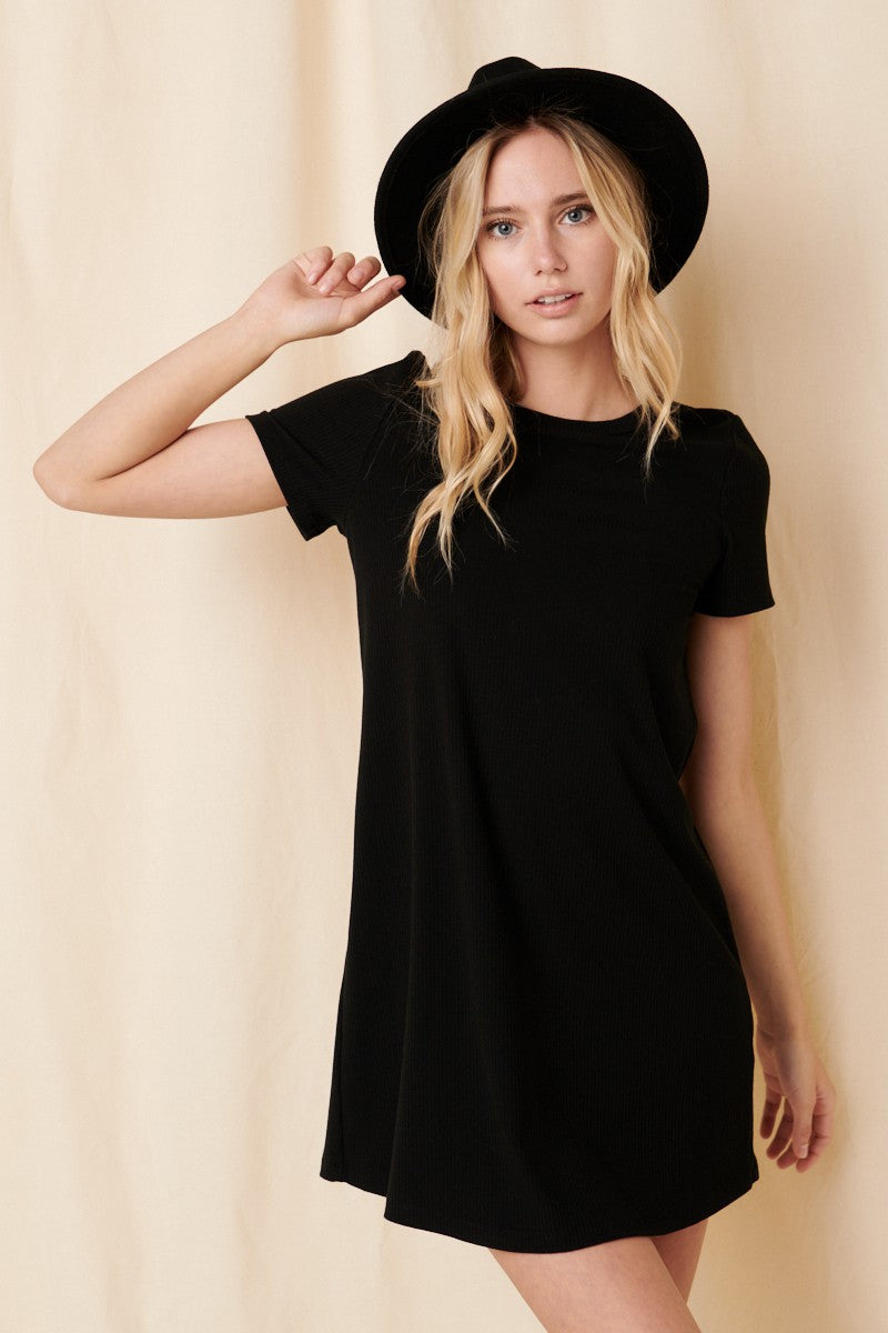 Black Ribbed Knit Basic Short Sleeve Maternity T-Shirt Dress