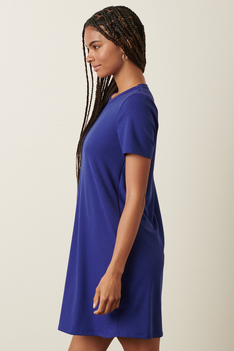 Navy Ribbed Knit Basic Short Sleeve T-Shirt Dress