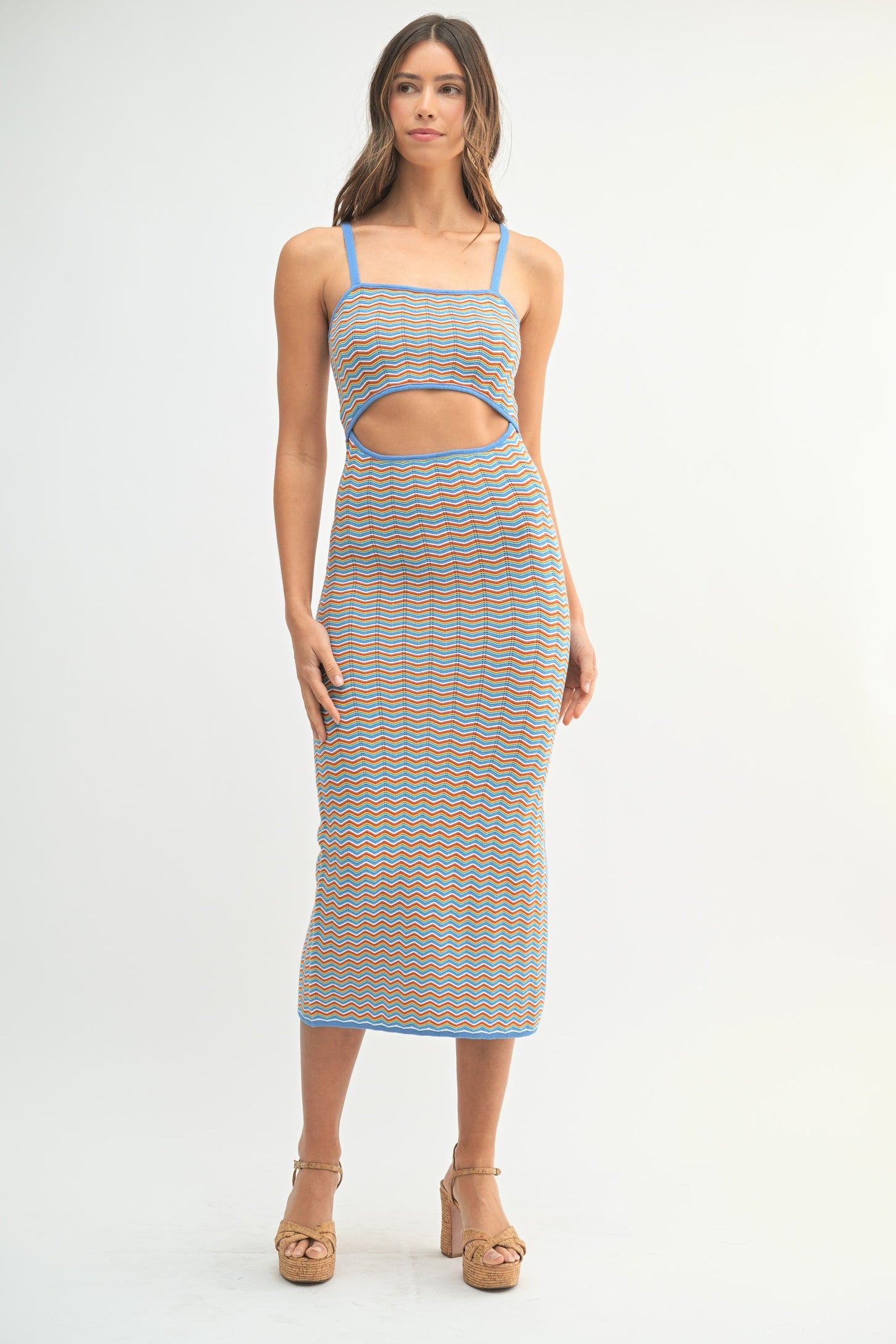 Aqua Chevron Knit Cutout Fitted Maternity Midi Dress