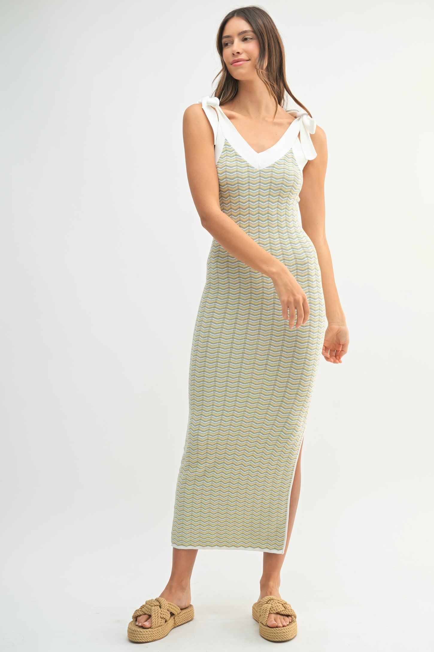 Light Olive Chevron Knit Shoulder Tie Midi Dress