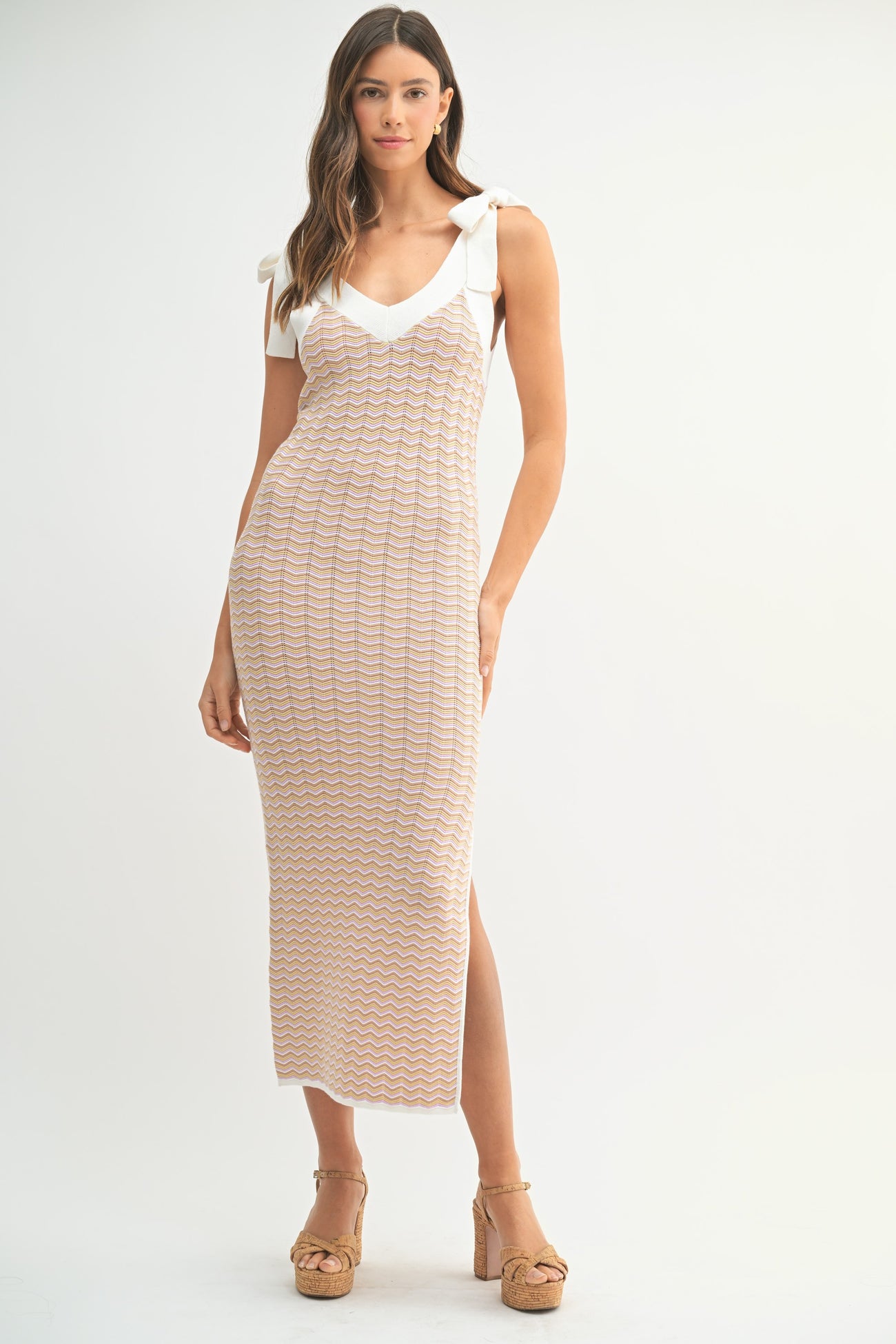Lavender Chevron Knit Shoulder Tie Maternity Midi Dress