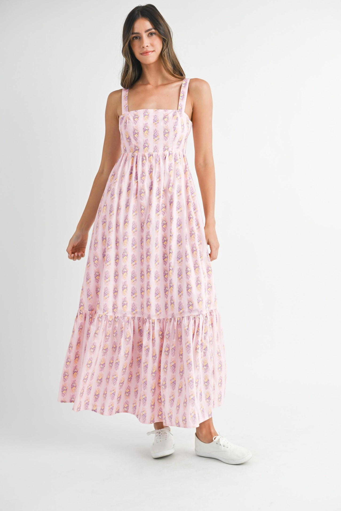 Pink Floral Print Ruffle Hem Maxi Dress