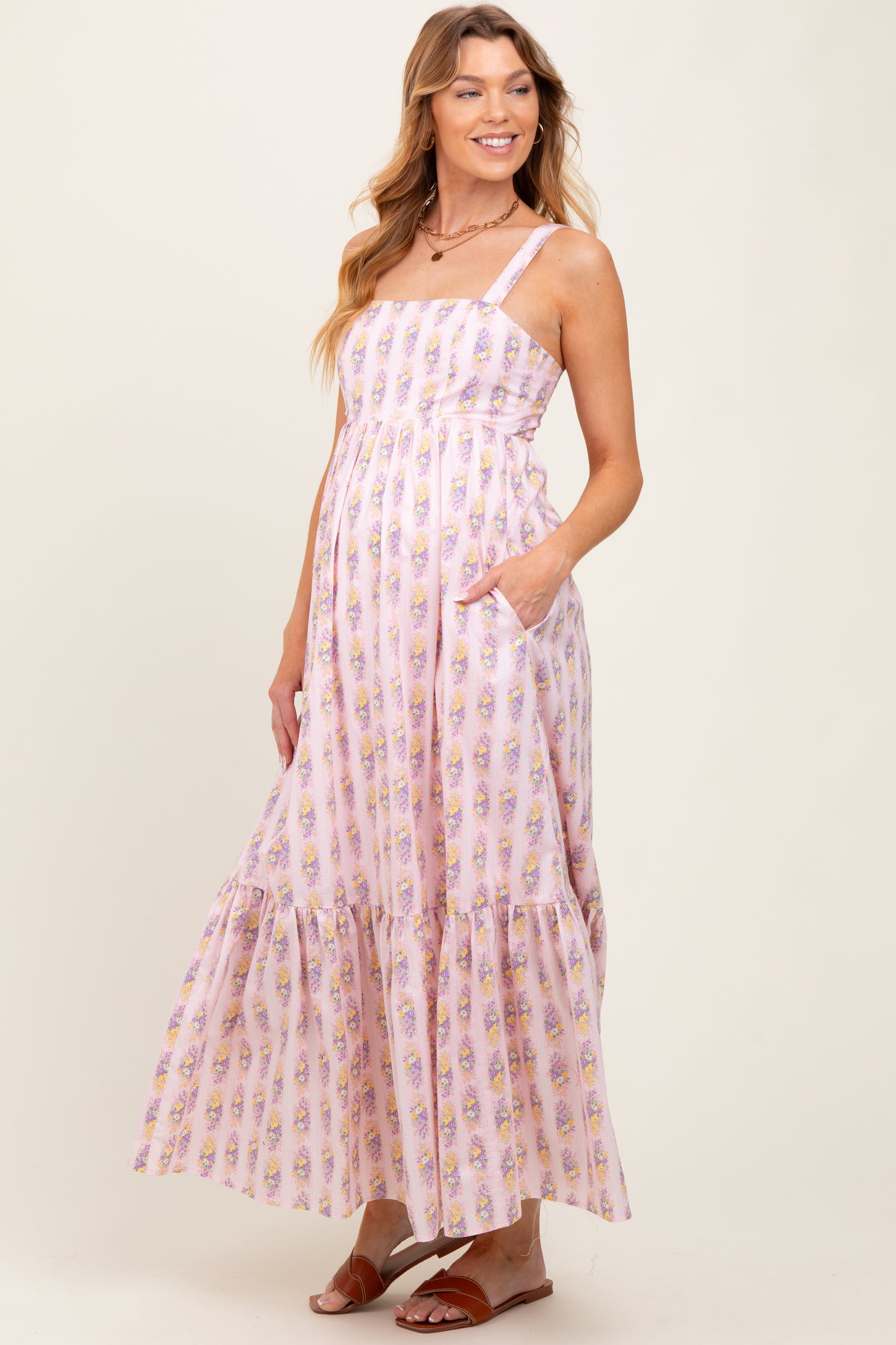 Pink Floral Print Ruffle Hem Maternity Maxi Dress