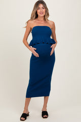 Navy Strapless Ribbed Knit Peplum Top Midi Skirt Maternity Set