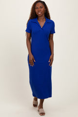 Royal Blue Ribbed Knit Polo Midi Dress
