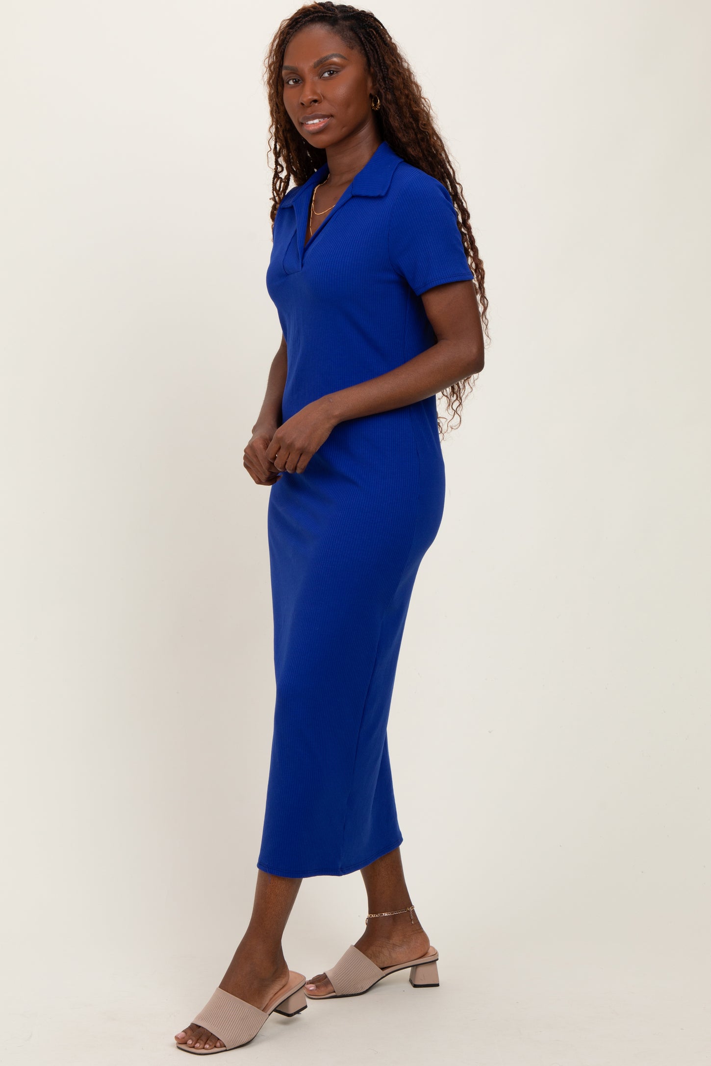 Royal Blue Ribbed Knit Polo Midi Dress
