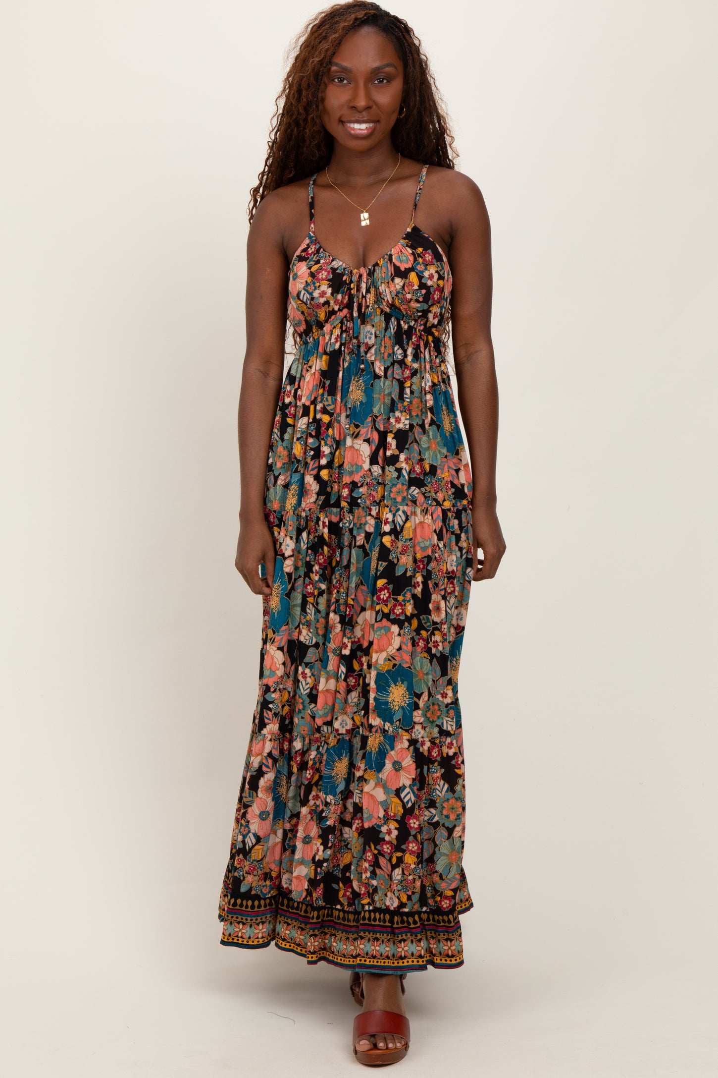 Black Floral Front Tie Tiered Maternity Maxi Dress