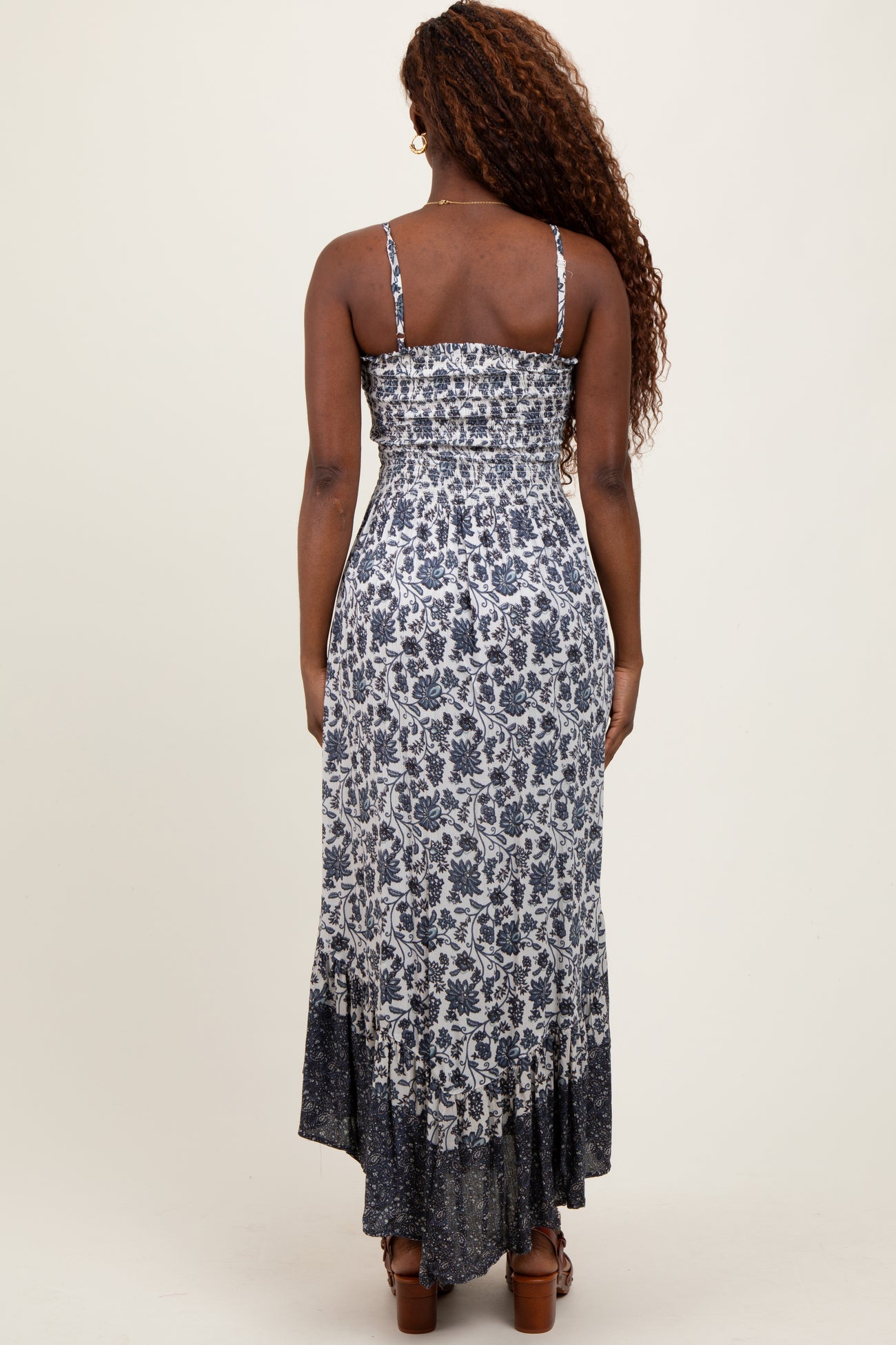 Navy Blue Floral Smocked Handkerchief Hem Maxi Dress