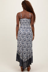 Navy Blue Floral Smocked Handkerchief Hem Maxi Dress