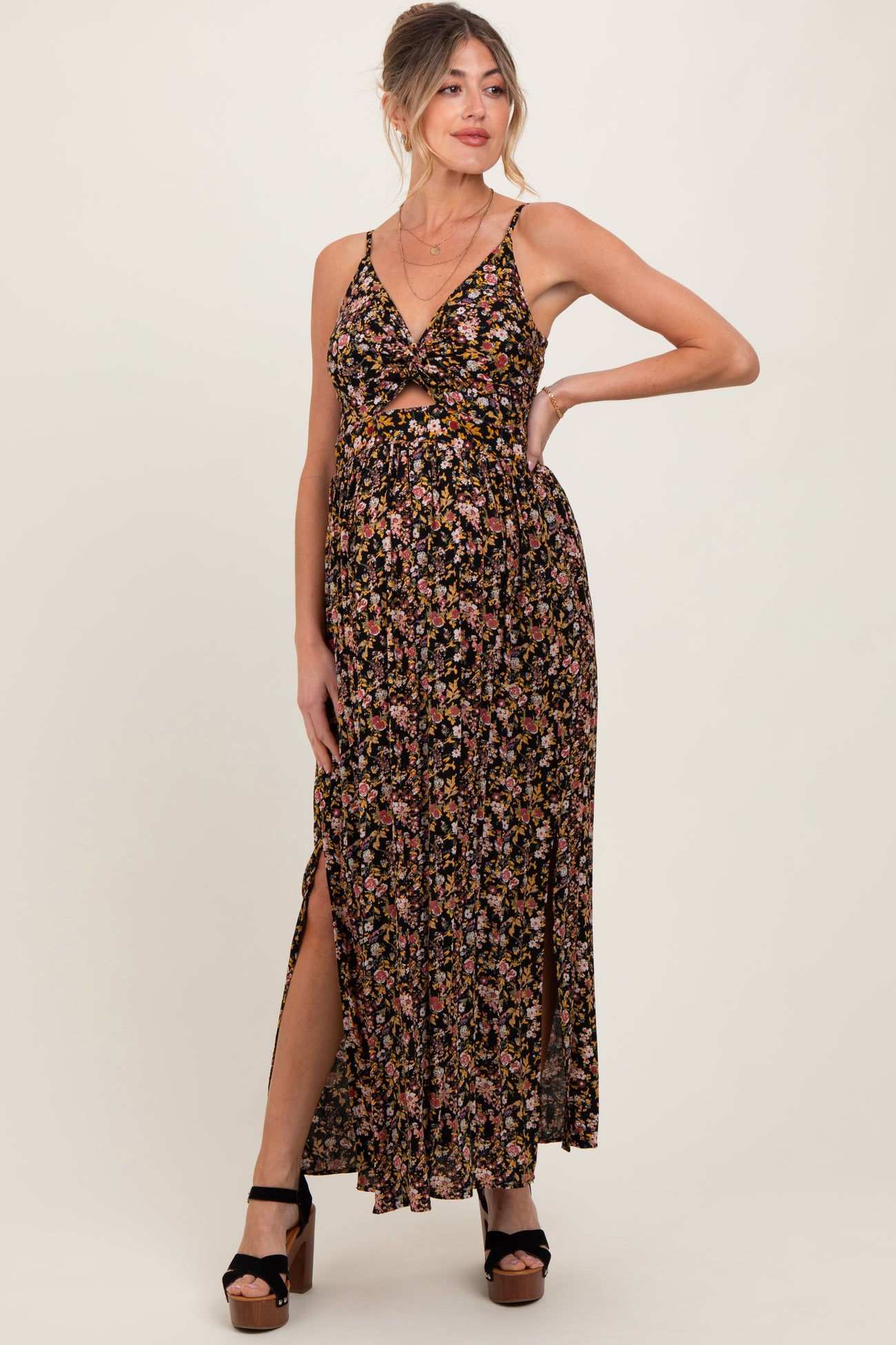 Black Floral Twist Front Cutout Maternity Maxi Dress