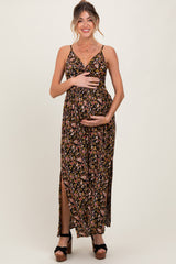 Black Floral Twist Front Cutout Maternity Maxi Dress