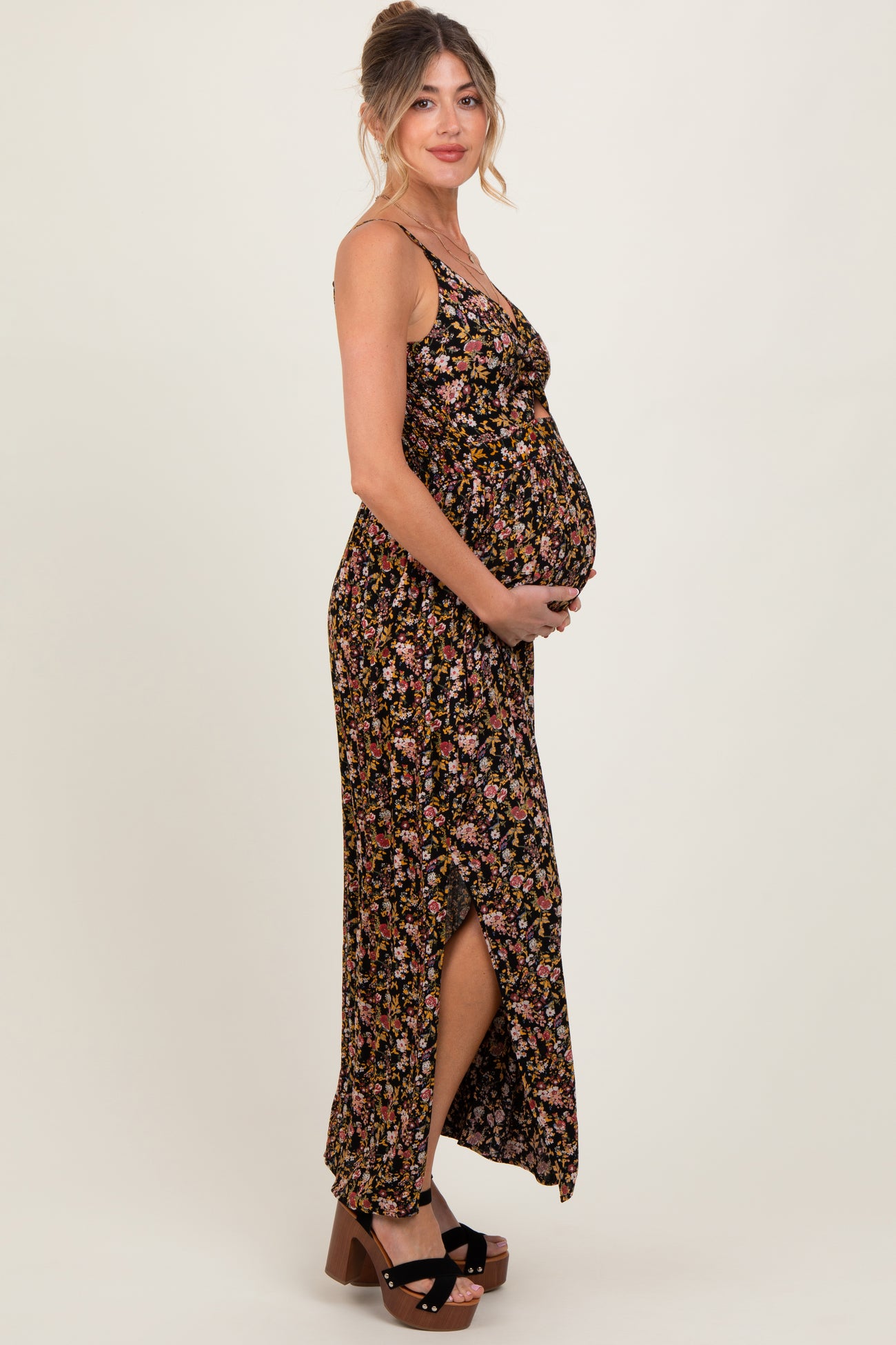 Black Floral Twist Front Cutout Maternity Maxi Dress