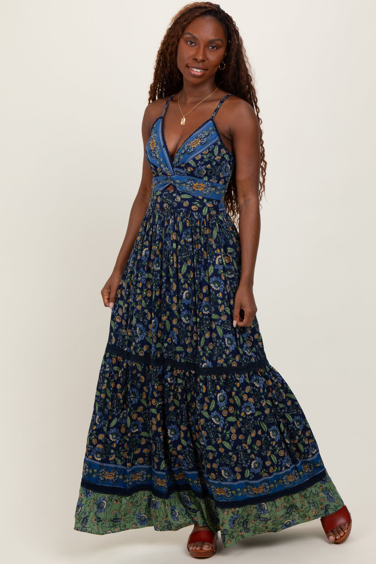 Navy Floral Twist Front Cutout Maxi Dress
