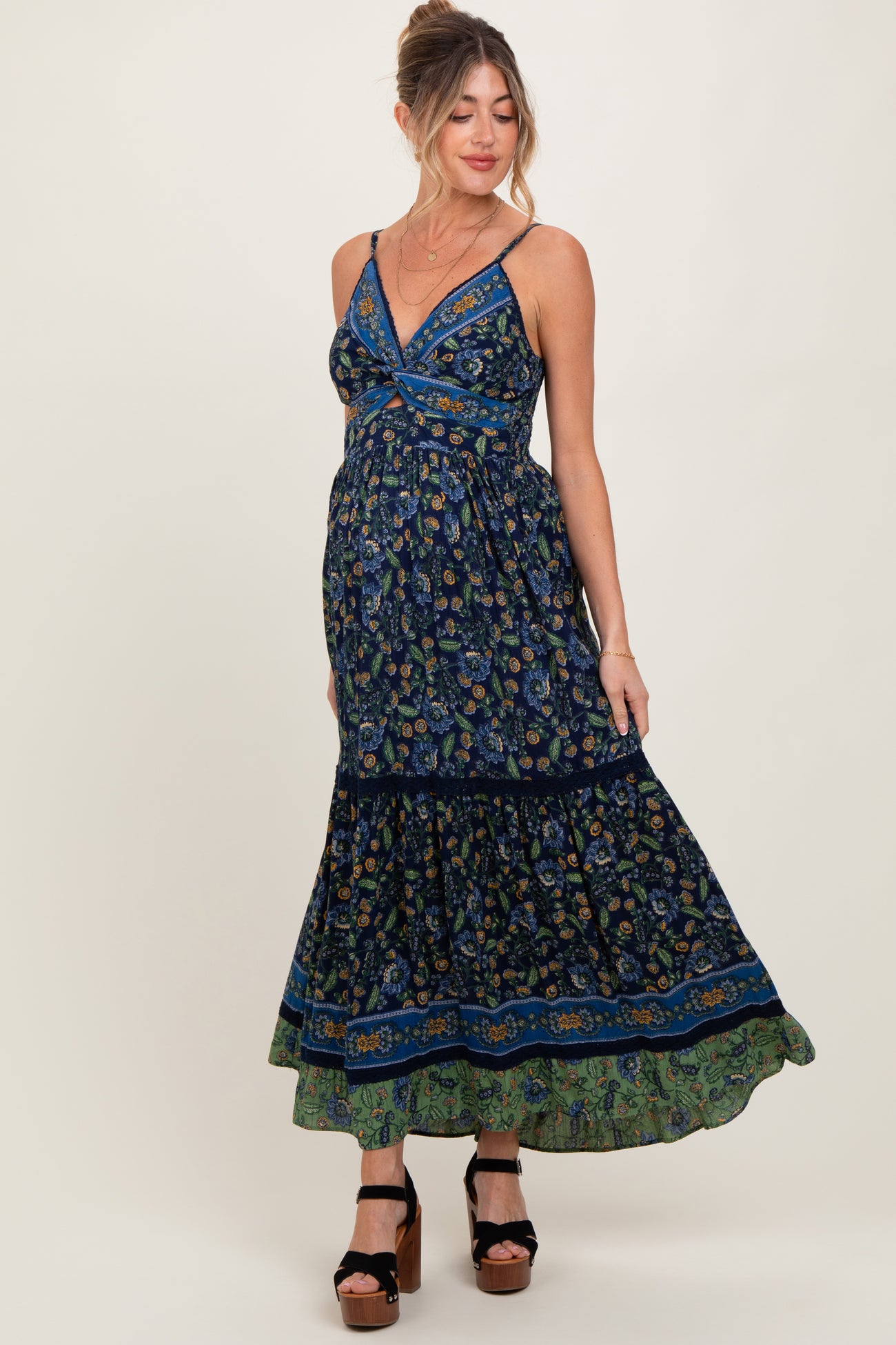 Navy Floral Twist Front Cutout Maternity Maxi Dress
