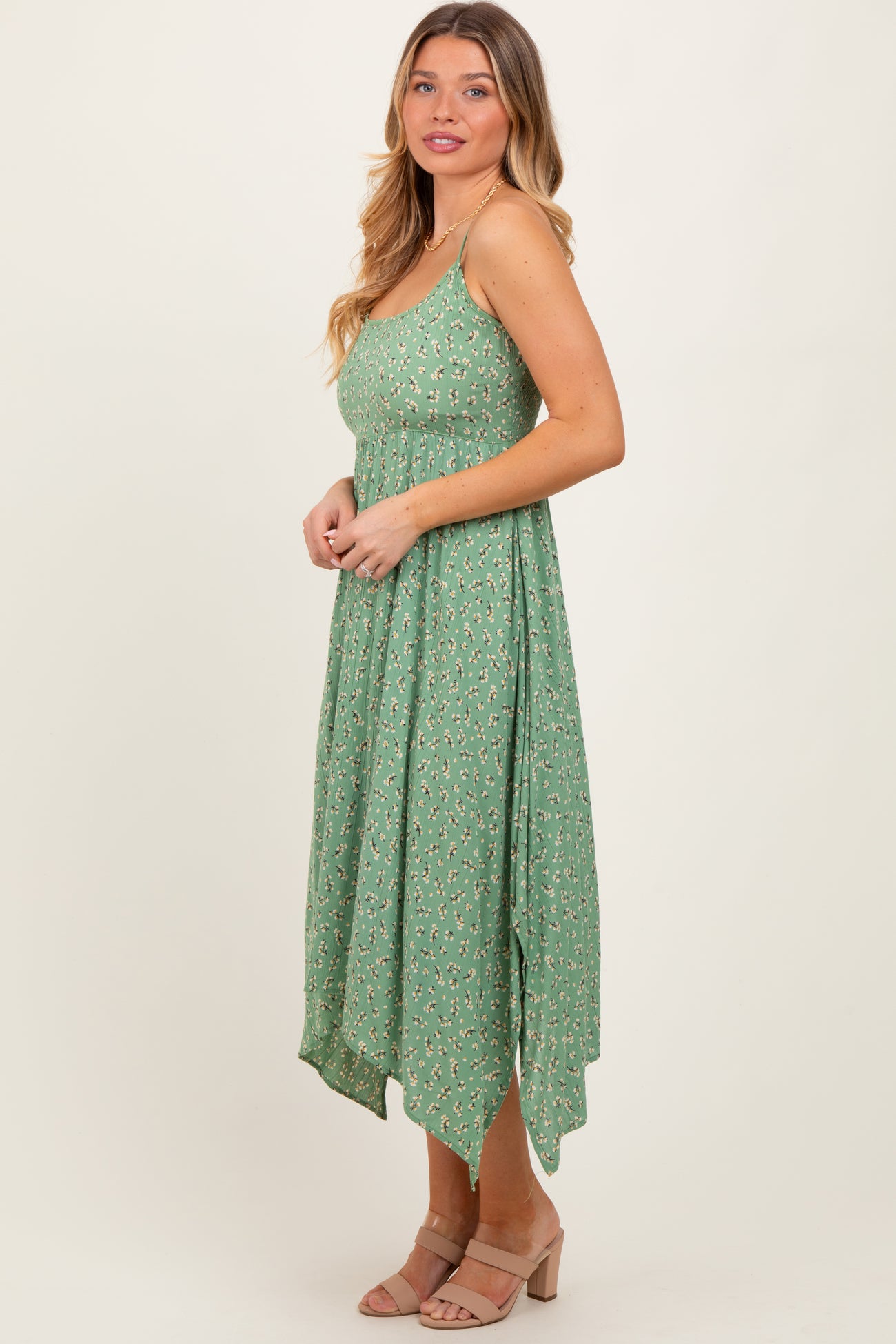 Light Olive Floral Handkerchief Hem Midi Dress