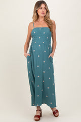 Light Teal Embroidered Floral Smocked Maternity Midi Dress