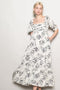 Ivory Rose Print Pleated Bodice Maxi Dress