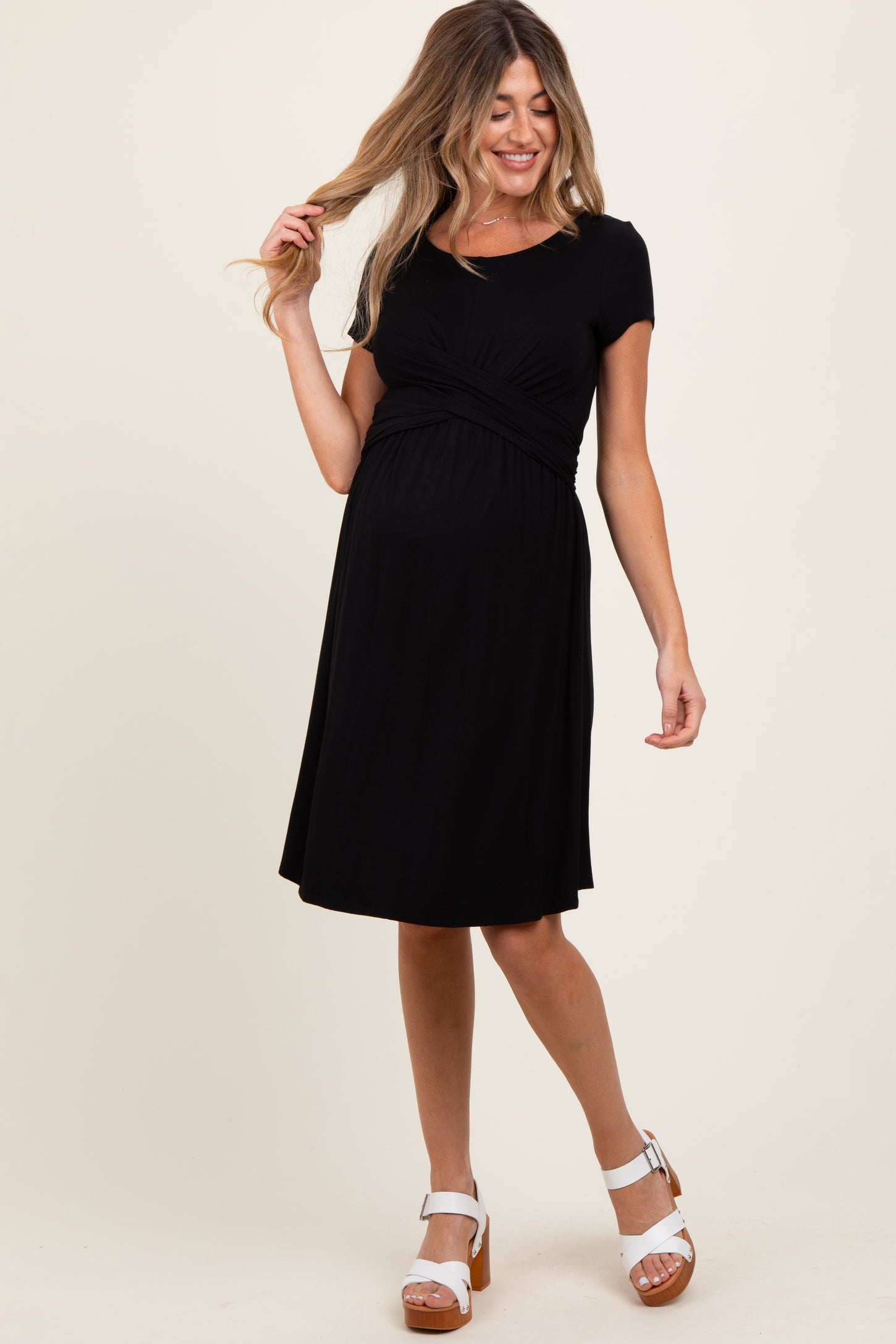 Black Twist Front Short Sleeve Maternity Dress